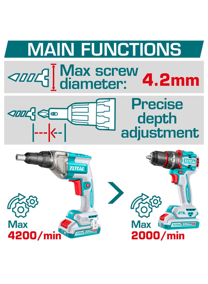 TOTAL 20V Cordless Drywall Screwdriver - 4200RPM High-Speed Plasterboard Gun with 2.0Ah Battery, Charger, 5 Bits & Carrying Case - TDSLI204281 - Image 2