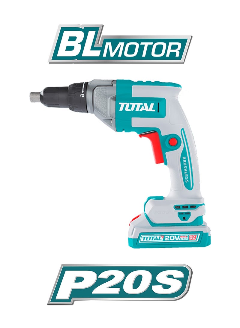 TOTAL 20V Cordless Drywall Screwdriver - 4200RPM High-Speed Plasterboard Gun with 2.0Ah Battery, Charger, 5 Bits & Carrying Case - TDSLI204281 - Image 4