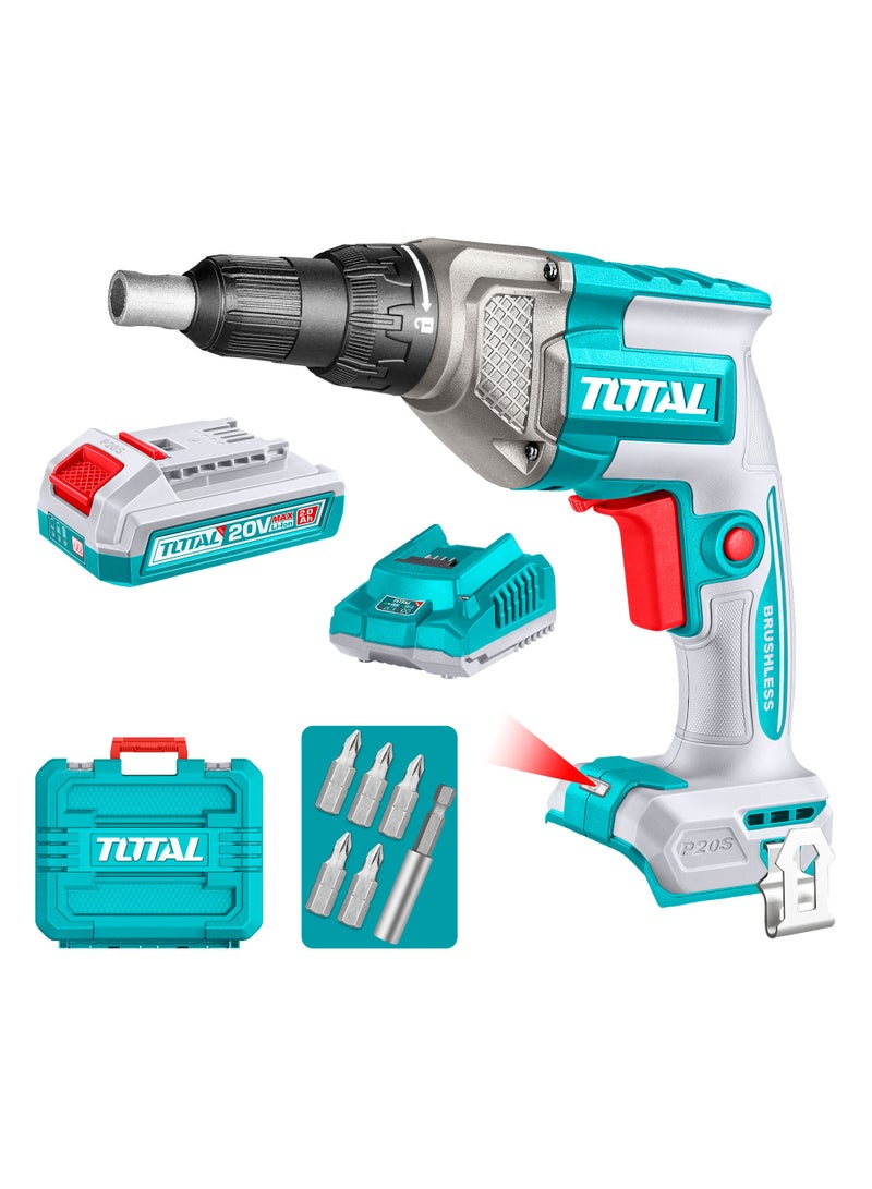 TOTAL 20V Cordless Drywall Screwdriver - 4200RPM High-Speed Plasterboard Gun with 2.0Ah Battery, Charger, 5 Bits & Carrying Case - TDSLI204281 - Image 1