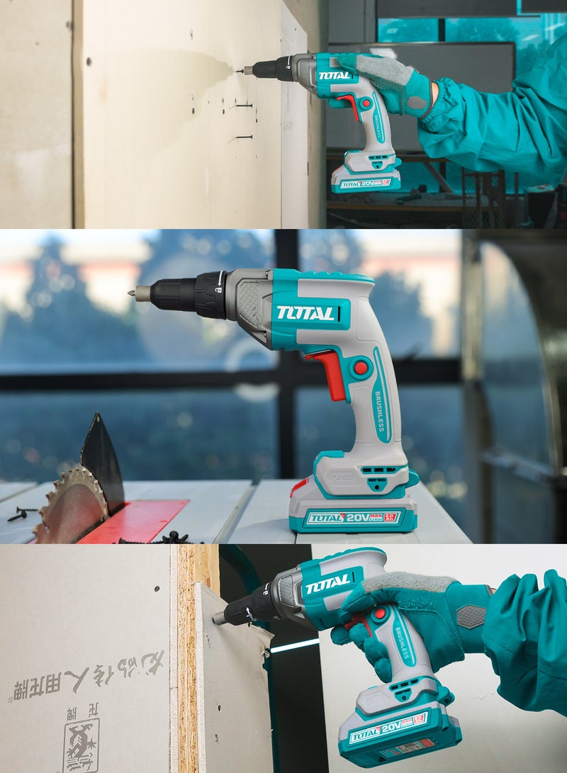 TOTAL 20V Cordless Drywall Screwdriver - 4200RPM High-Speed Plasterboard Gun with 2.0Ah Battery, Charger, 5 Bits & Carrying Case - TDSLI204281 - Image 3