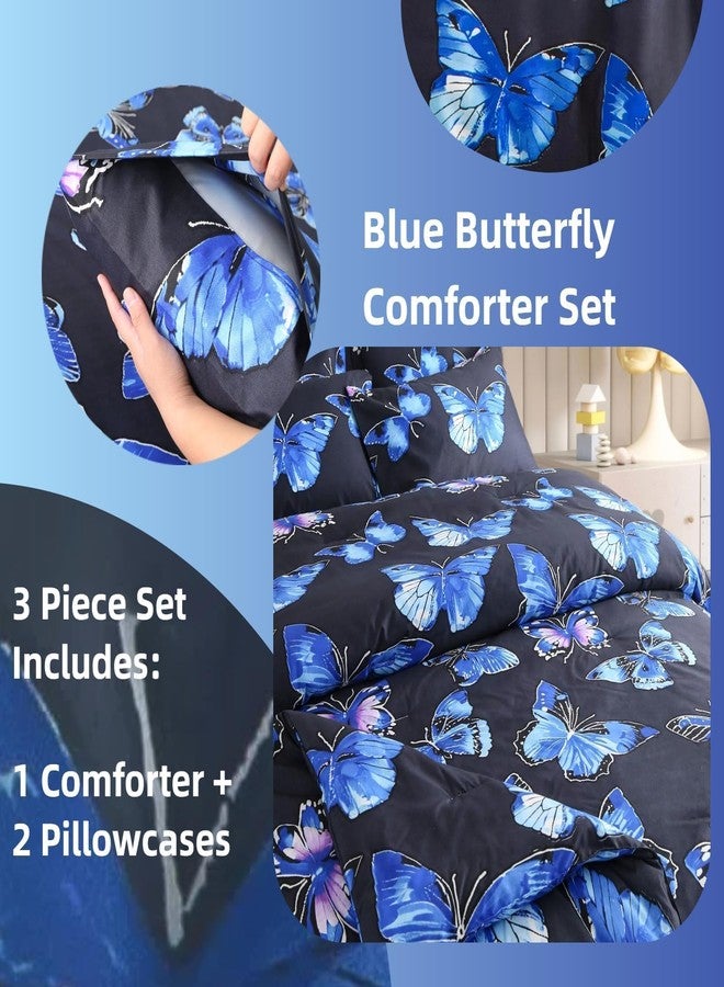 SDIII 3PCS Blue Butterfly Comforter Set Twin with 2 Pillowcases Soft Microfiber Lightweight Butterfly Bluey Girl Bedding Set Twin Size for All Season - Image 2