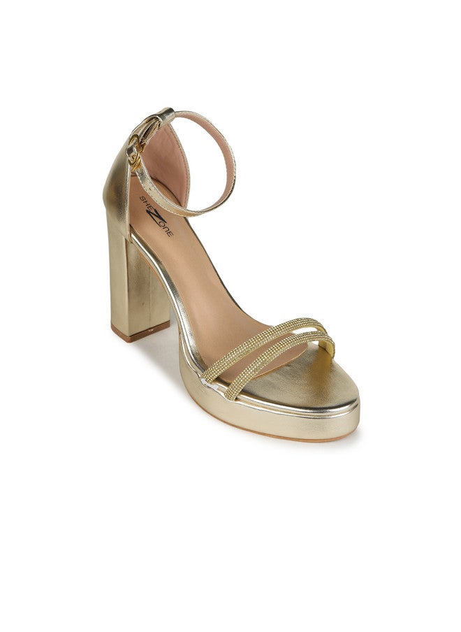 She Zone Gold Embellished Open Toe Block Heels for Women - Image 2