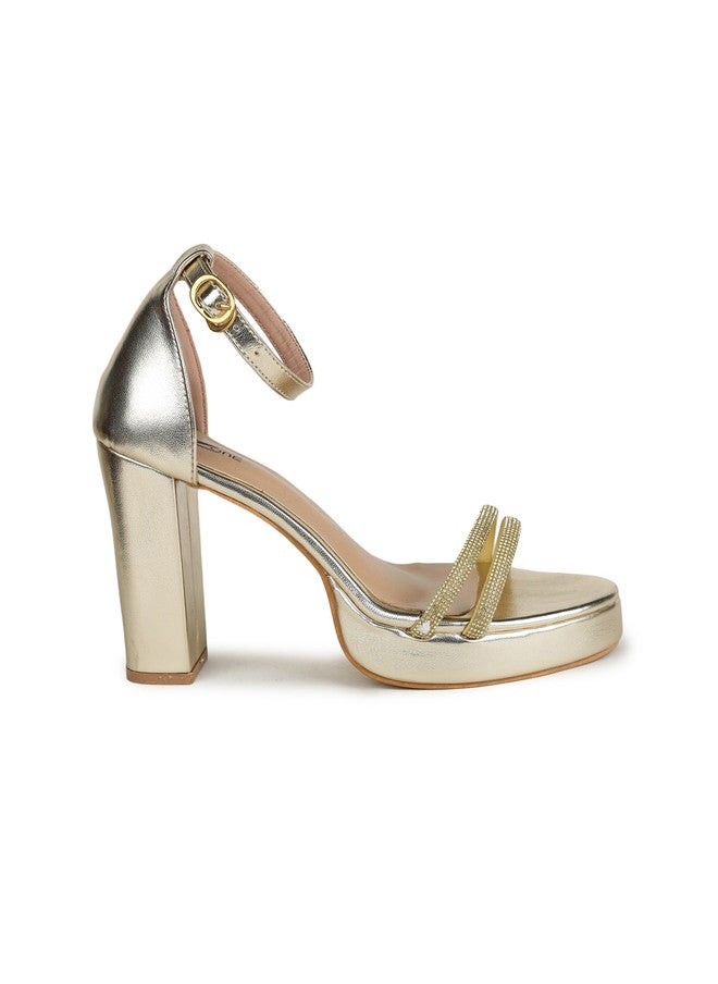 She Zone Gold Embellished Open Toe Block Heels for Women - Image 4