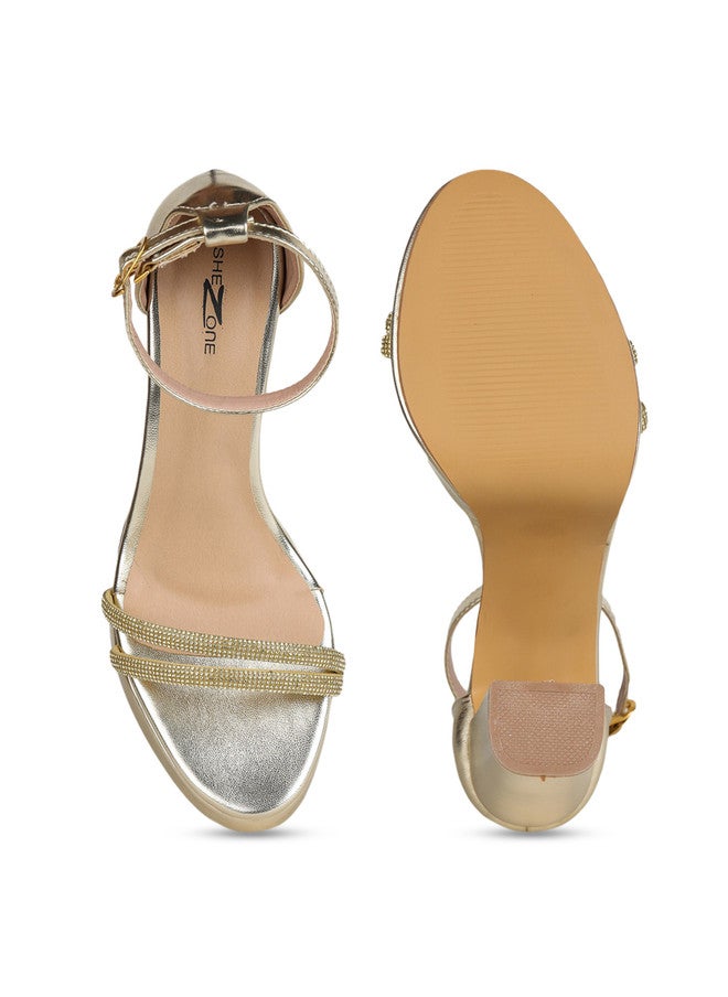 She Zone Gold Embellished Open Toe Block Heels for Women - Image 5
