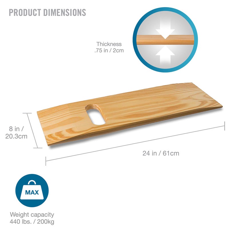 DMI Transfer Board and Slide Board made of Heavy-Duty Wood for Patient, Senior and Handicap Move Assist and Slide Transfers, Holds up to 440 Pounds, FSA HSA Eligible, 1 Cut out Handle, 24 x 8 x .75 - Image 2