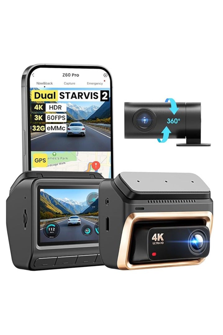 دي دي باي DDPAI Z60 PRO كاميرا أمامية وخلفية، مستشعران STARVIS مزدوجان، نظام تحديد المواقع العالمي (GPS) واي فاي 4G، كاميرا لوحة القيادة مع ذاكرة eMMC مدمجة 32 جيجابايت، رؤية ليلية، شاشة IPS 3 بوصة، HDR، ADAS، وضع ركن السيارة 24 ساعة، مستشعر G للتسجيل الدائري - Image 1