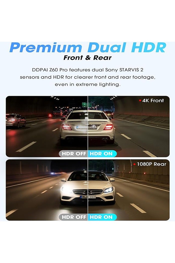 ddpai Z60 PRO 4K Dual Lens Dash Cam Smart Android LCD Touch Screen Video Recorder Mini Portable Night Vision H.264 Format Cars - Image 5