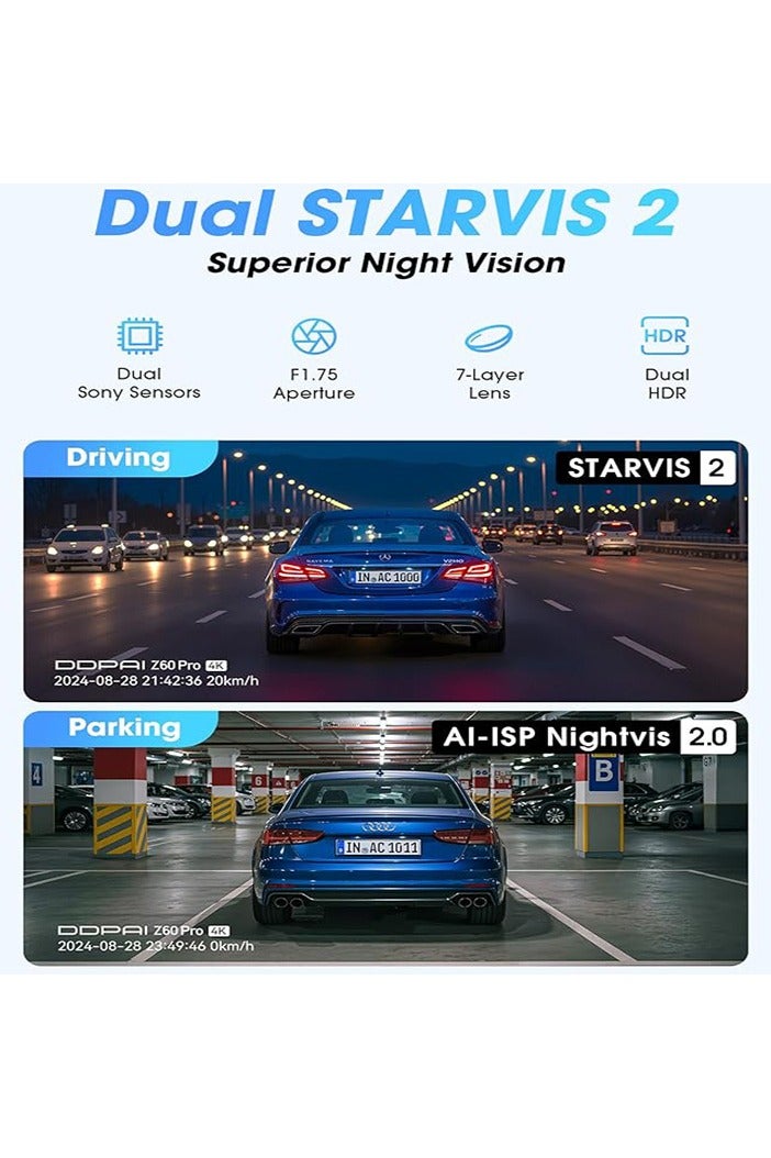 ddpai Z60 PRO 4K Dual Lens Dash Cam Smart Android LCD Touch Screen Video Recorder Mini Portable Night Vision H.264 Format Cars - Image 4