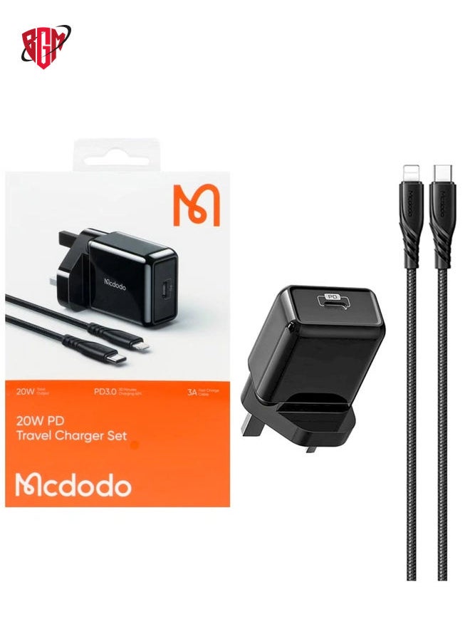 BGM - CH-6692 20W Fast and PD Single Port Wall Charger with iPhone Charging Cable - Black - Image 1