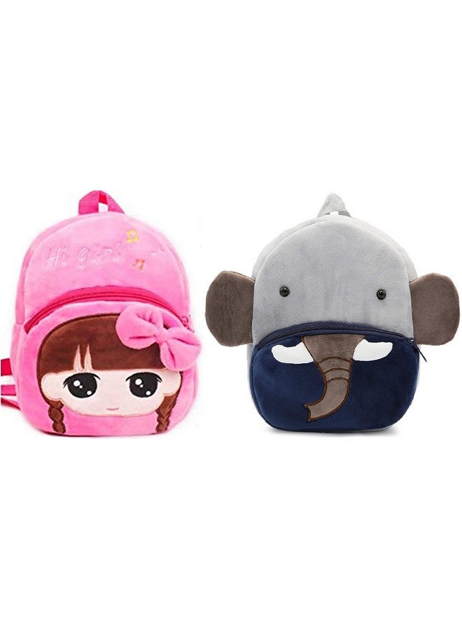 DZert Kids School Bag Soft Plush Backpacks Cartoon/Boy/Girl/Baby/ (2-5 Years) (Elephant & Hi Girl)