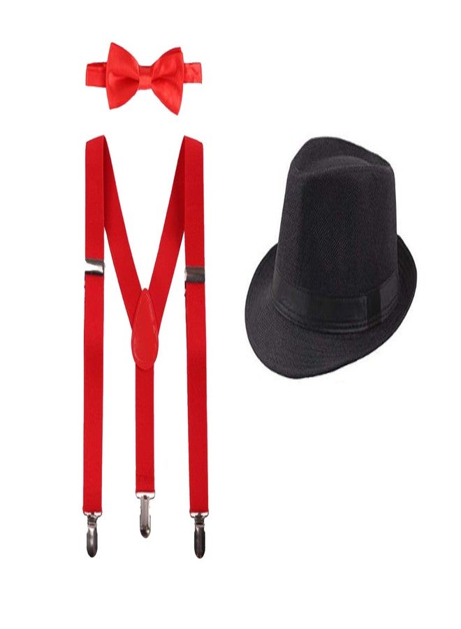 CLOTHERA Red Suspender and Bow Tie Set with Black Hat for Kids 1yrs to 3yrs - Image 1