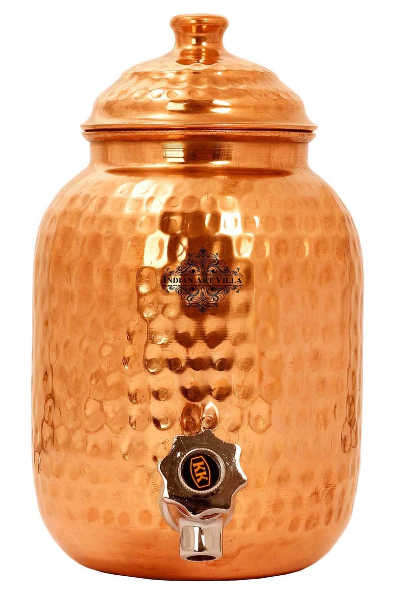 INDIAN ART VILLA وعاء مياه نحاسي مطروق من إنديان آرت فيلا مع غطاء وصنبور نحاسي، حاوية تقليدية للتخزين والتقديم للمنزل والمكتب والفعاليات، سعة-115 أونصة - Image 5
