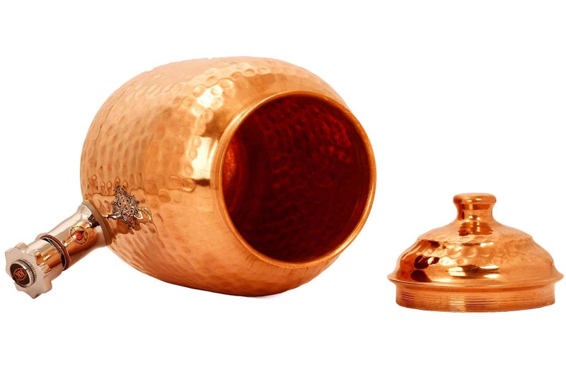 INDIAN ART VILLA وعاء مياه نحاسي مطروق من إنديان آرت فيلا مع غطاء وصنبور نحاسي، حاوية تقليدية للتخزين والتقديم للمنزل والمكتب والفعاليات، سعة-115 أونصة - Image 3