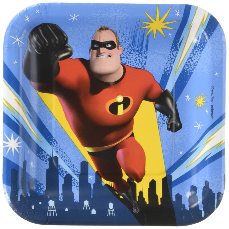 American Greetings Amscan Disney/Pixar Incredibles 2 Square Paper Plates - 7" - Multicolor - Pack of 8 - Image 1