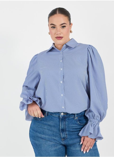 Plus Size Striped Shirt with Flared Elasticated Balloon Sleeves
