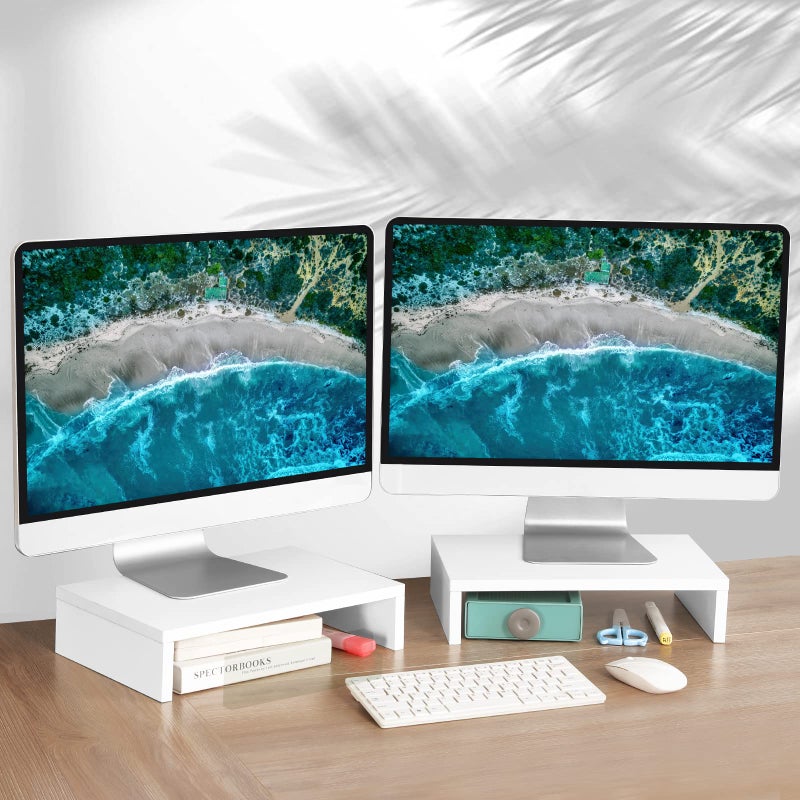 TEAMIX White Monitor Stand Riser - 2 Pack, Wood 2 Tier Adjustable Dual Monitor Riser for Laptop/PC Computer Stand for Desk - Image 2