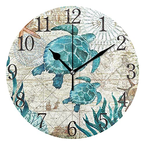 Bolaz Silent Non Ticking Round Wall Clock Vintage Ocean Sea Turtle Starfish Map Home Decor Battery Operated for Living Room Kitchen Bedroom