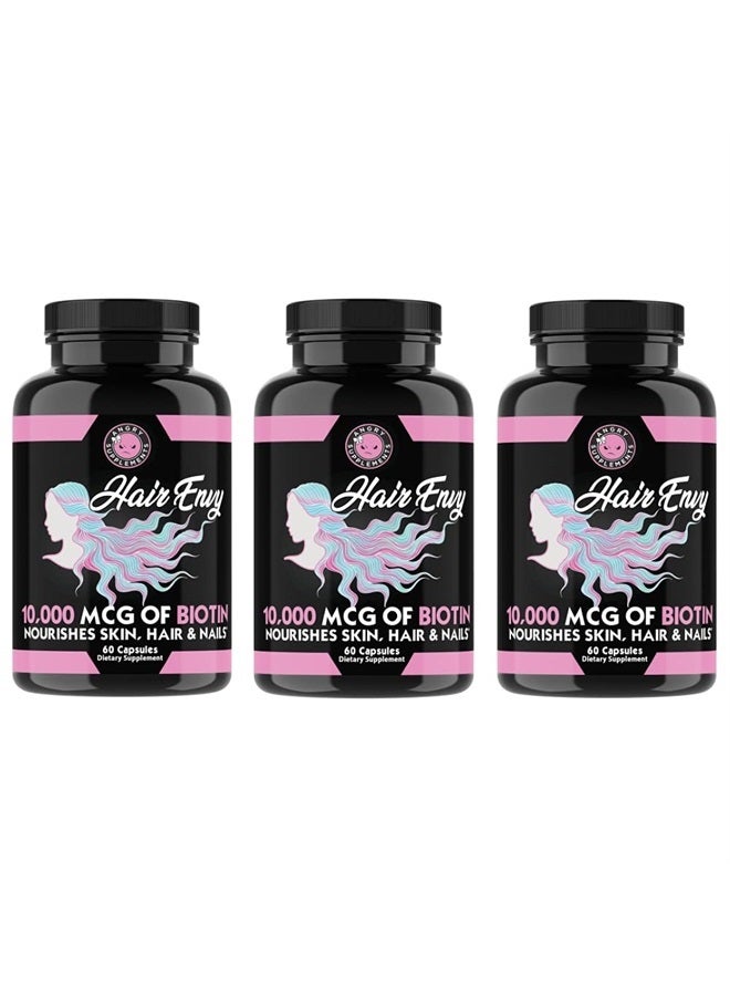 Angry Supplements شغف الشعر 10,000 ميكروغرام من البيوتين والكيراتين، ينمو + يرطب الشعر، يقوي ويزيد سمك الأظافر، ينظف ويغذي البشرة – علاج طبيعي للشعر التالف والرقيق، (3 زجاجات) - Image 1