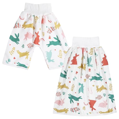 WELOMELO Waterproof Diaper Pants for Baby Kids, 2 Packs Absorbent Toddler Potty Training Pants Boys Girls Use Day Night (Rabbit Pant + Skirt L) - Image 1