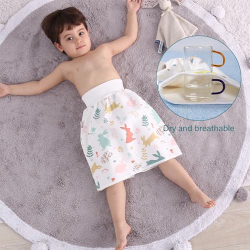 WELOMELO Waterproof Diaper Pants for Baby Kids, 2 Packs Absorbent Toddler Potty Training Pants Boys Girls Use Day Night (Rabbit Pant + Skirt L) - Image 3
