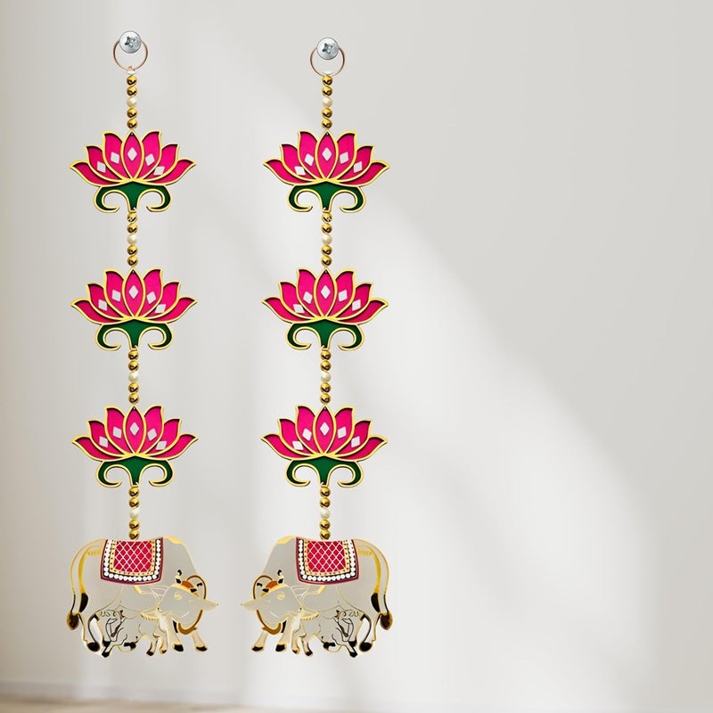 RR Crafts RR Crafts Door Entrance Hanging Mandir Door Decorations Items Pink Lotus with Cowcalf Hanging Ganpati Decor Diwali DecorationDoor Hanging 2 Pieces 24 Inch Export Quality  - Image 1