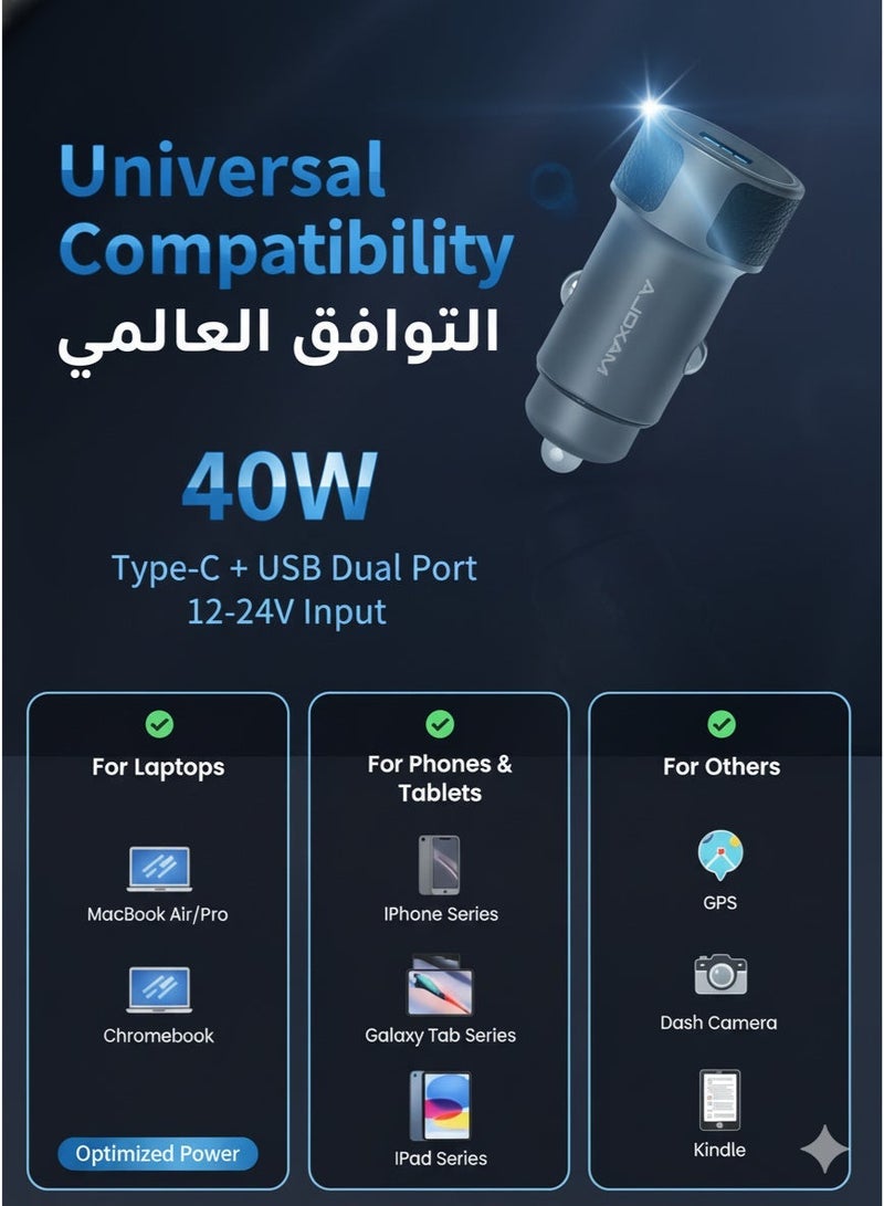 MAXOLA Fast Car Charger 40W  Type-C + USB Dual Port Super Fast Charging Adapter, 12-24V Input, Universal for All Smartphones - Image 2