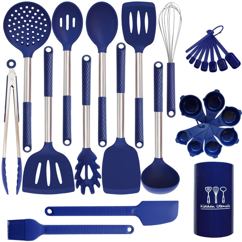 Silicone Kitchen Utensils Set  28 Pieces Cooking Utensils Set NonStick Heat Resistance Silicon with Stainless Steel Handle  Royal Blue