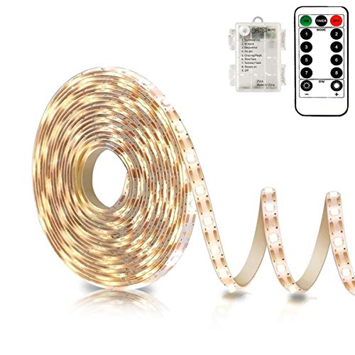 echosari Battery Powered Led Strip Lights with Remote Warm White, 8 Modes, Dimmable, Timer, Self-Adhesive, Cuttable, Waterproof, 9.8FT 90Led Strip Lights for TV Kitchen Cupboard Bedroom Decor - Image 1
