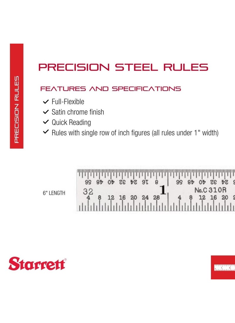 Starrett Starrett Full Flexible Steel Rule with Satin Chrome Finish Quick Reading and Inch Graduation  6 Length 10 Graduation Type 164 Thickness  C310K6  - Image 2