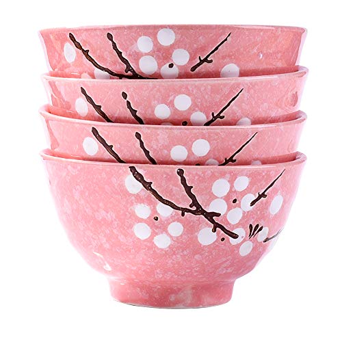 Whitenesser Japanese Rice Bowls Set of 4 - Japanese Style Hand-painted Pink Plum Ceramic Bowls set of 4 for Dessert Snack Cereal Soup - Image 1