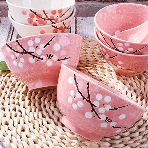 Whitenesser Japanese Rice Bowls Set of 4 - Japanese Style Hand-painted Pink Plum Ceramic Bowls set of 4 for Dessert Snack Cereal Soup - Image 3