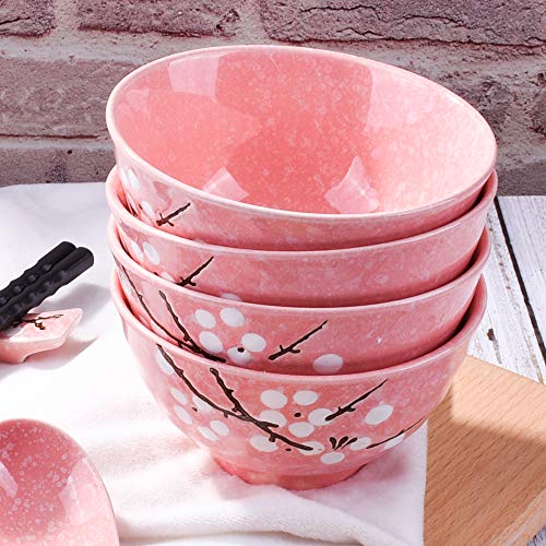 Whitenesser Japanese Rice Bowls Set of 4 - Japanese Style Hand-painted Pink Plum Ceramic Bowls set of 4 for Dessert Snack Cereal Soup - Image 5
