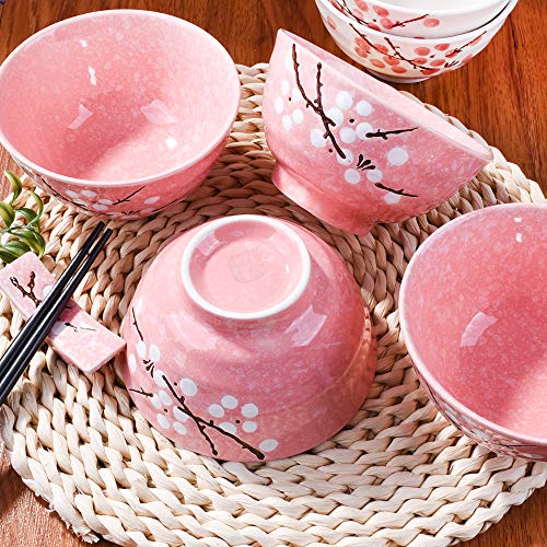 Whitenesser Japanese Rice Bowls Set of 4 - Japanese Style Hand-painted Pink Plum Ceramic Bowls set of 4 for Dessert Snack Cereal Soup - Image 4