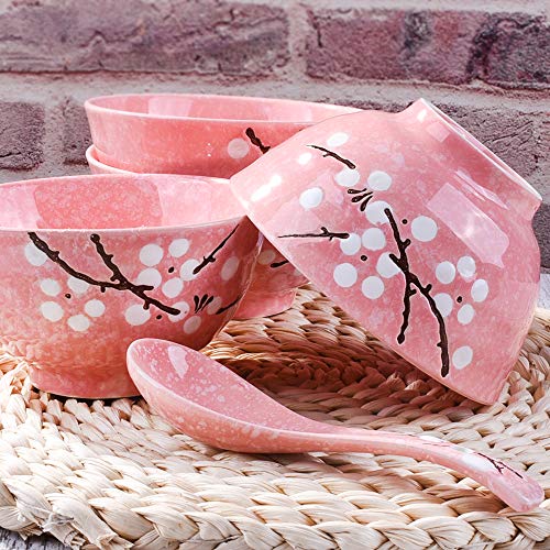 Whitenesser Japanese Rice Bowls Set of 4 - Japanese Style Hand-painted Pink Plum Ceramic Bowls set of 4 for Dessert Snack Cereal Soup - Image 2