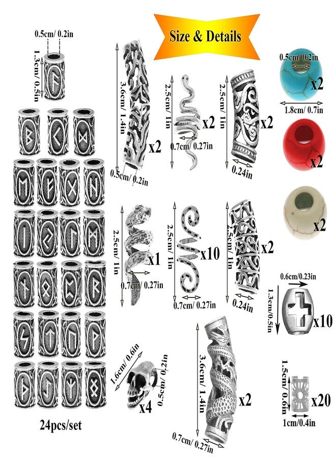 RechicGu 85Pcs Viking Norse Rune Beard Beads Ring Hair Braids Dreadlock Dreads Skull Snake Wolf Cross Turquoise Filigree Cuff Pirate Accessories Clips Pins Tube Locs Hair Extension Jewelry Vintage Silver - Image 5