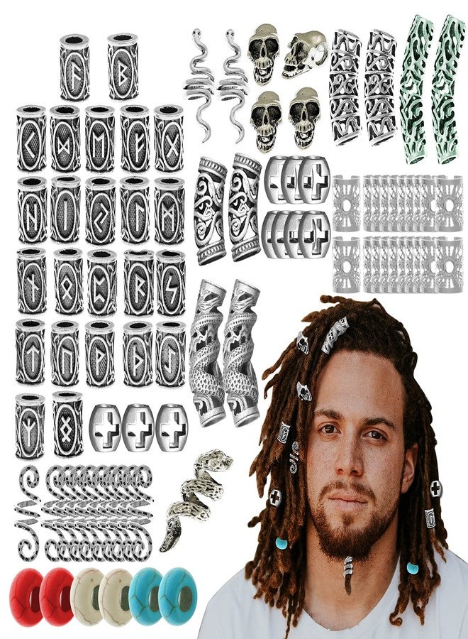 RechicGu 85Pcs Viking Norse Rune Beard Beads Ring Hair Braids Dreadlock Dreads Skull Snake Wolf Cross Turquoise Filigree Cuff Pirate Accessories Clips Pins Tube Locs Hair Extension Jewelry Vintage Silver - Image 1