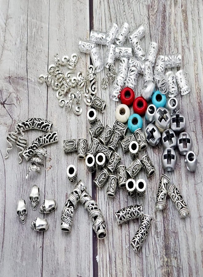RechicGu 85Pcs Viking Norse Rune Beard Beads Ring Hair Braids Dreadlock Dreads Skull Snake Wolf Cross Turquoise Filigree Cuff Pirate Accessories Clips Pins Tube Locs Hair Extension Jewelry Vintage Silver - Image 3