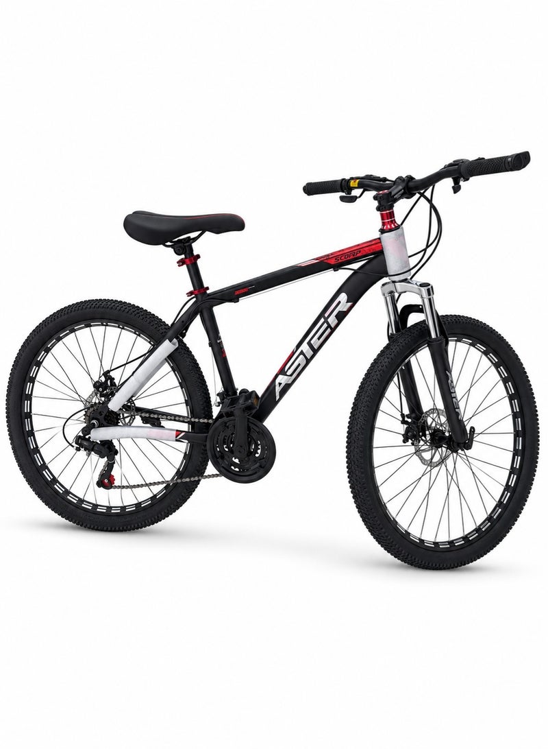 Aster 26 Inch Mountain Bike with 21-Speed Gear, Front Suspension, Front and Rear Mechanical Disc Brakes, Treaded Tyres and Kickstand for Men and Women, Red with Black - Image 1