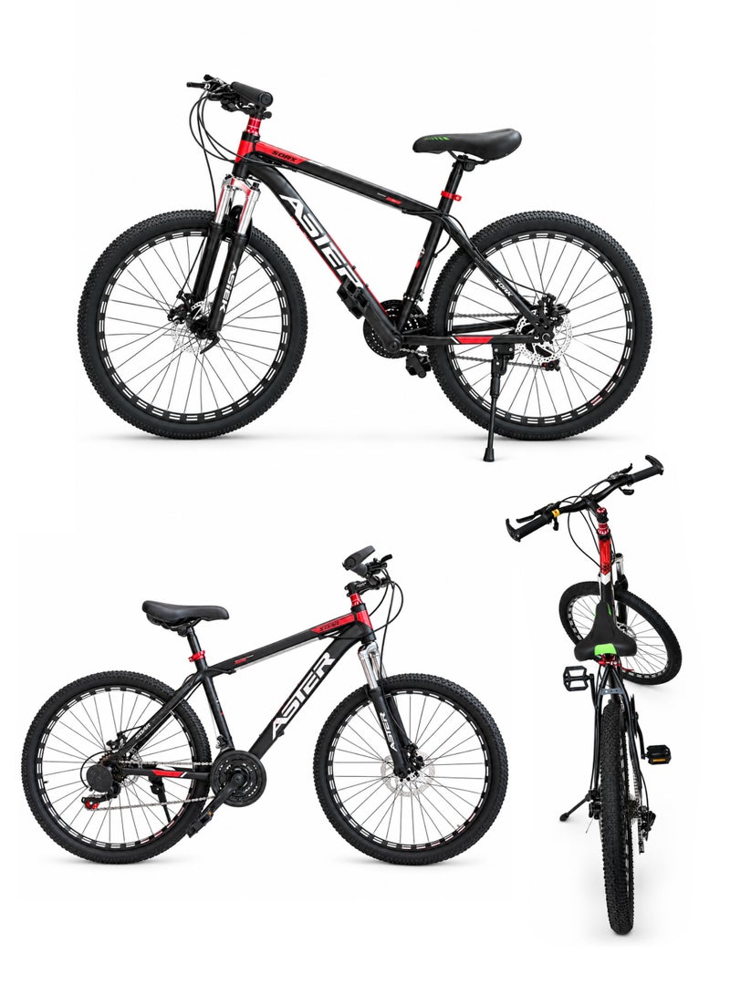 Aster 26 Inch Mountain Bike with 21-Speed Gear, Front Suspension, Front and Rear Mechanical Disc Brakes, Treaded Tyres and Kickstand for Men and Women, Red with Black - Image 2