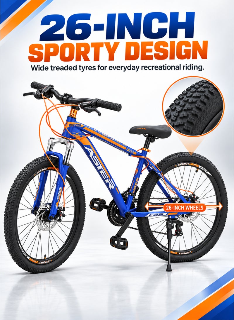 Aster 26 Inch Mountain Bike with 21-Speed Gear, Front Suspension, Front and Rear Mechanical Disc Brakes, Treaded Tyres and Kickstand for Men and Women, Red with Black - Image 3