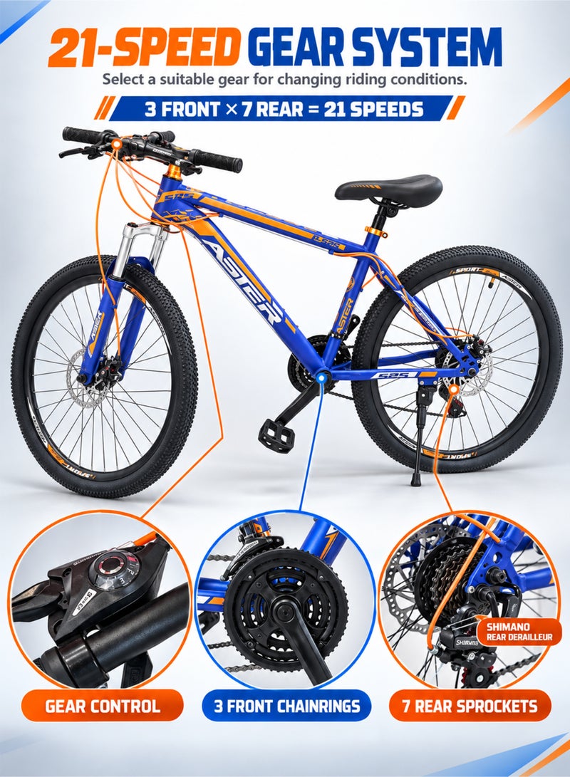 Aster 26 Inch Mountain Bike with 21-Speed Gear, Front Suspension, Front and Rear Mechanical Disc Brakes, Treaded Tyres and Kickstand for Men and Women, Red with Black - Image 4