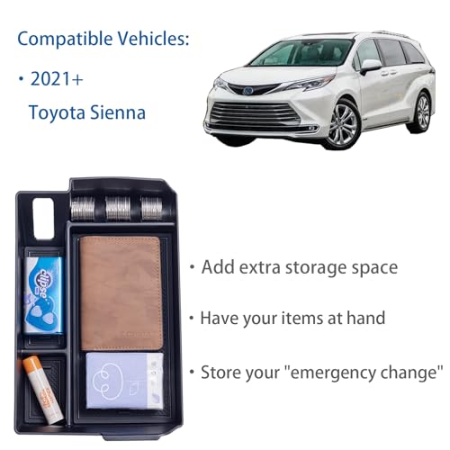 TOPINSTALL منظم وحدة التحكم المركزية TOPINSTALL متوافق مع ملحقات تويوتا سيينا 2021-2024 2025، صندوق مسند الذراع، صينية تخزين ثانوية، حاوية عملات، بلاستيك ABS - أسود - Image 4