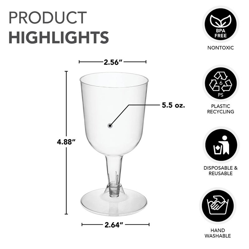Party Essentials Disposable Hard Plastic Two Pieces Wine Glasses, 40-Count, 5.5-Ounce, Clear - Image 2