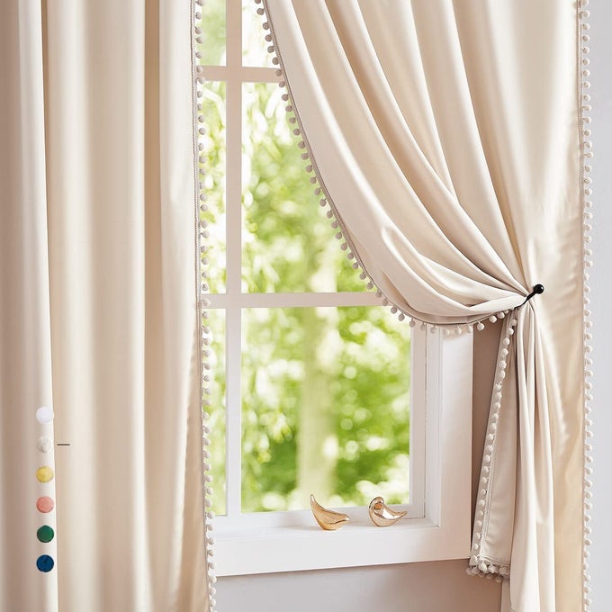IVORY VELVET CURTAINS FOR BEDROOM 95INCHES POM POM DECORATIVE LUXURY CREAM WINDOW CURTAIN DRAPES FOR LIVING ROOM CHILDREN KIDS ROOM 42 W X2PC ROD POCKET