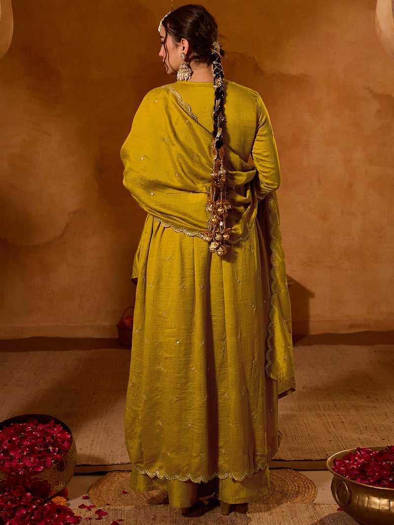 Naixa Women's Vichitra Silk Siquinned Embroidered Flared Kurta with Pant and Dupatta Sets (NX-786-Mustard-3XL) - Image 4