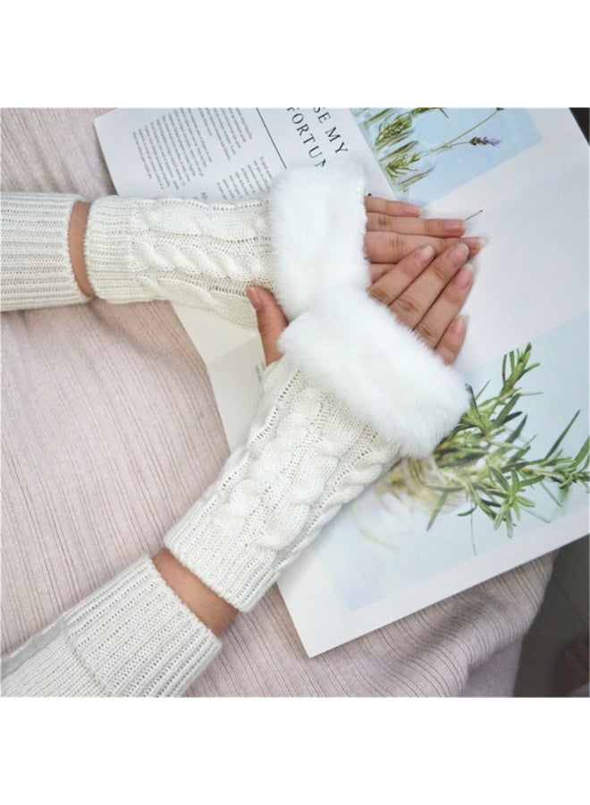 Women Knit Fingerless Gloves, Arm Warmers with Faux Fur, Winter Fingerless Wrist Warmer Mittens - Image 4