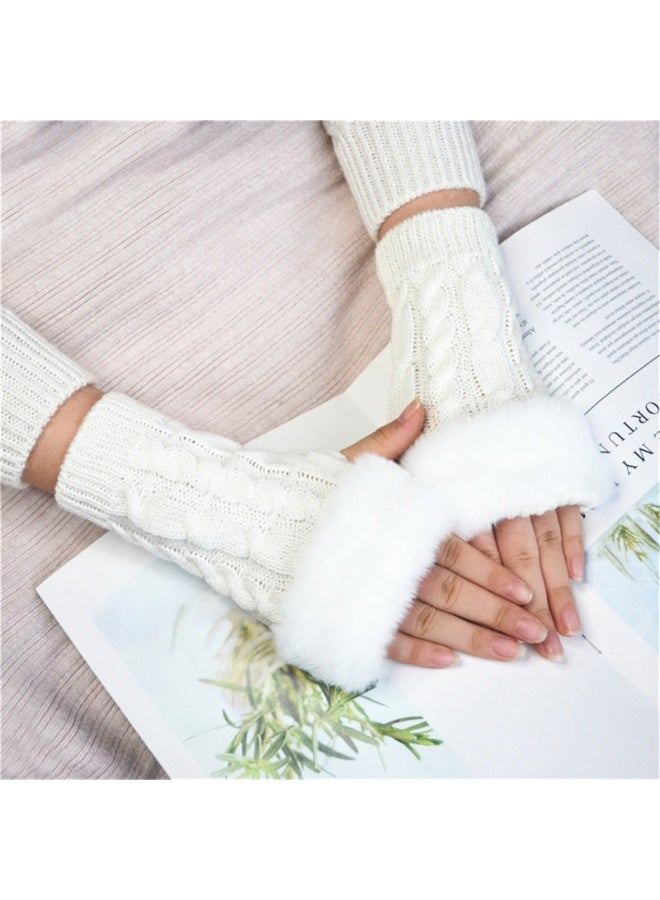 Women Knit Fingerless Gloves, Arm Warmers with Faux Fur, Winter Fingerless Wrist Warmer Mittens - Image 3