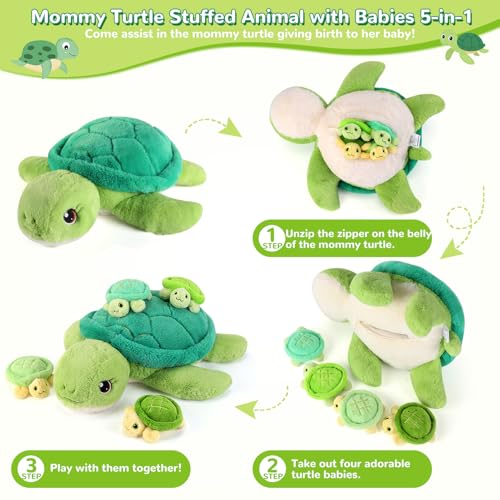 gnomantic 5 Pieces Turtle Stuffed Animals 1 Mommy Stuffed Turtle with 4 Babies Tortoise Gifts for Girls Age 38 Tortoise Plush Toys for Christmas Valentines Birthday Gifts - Image 5