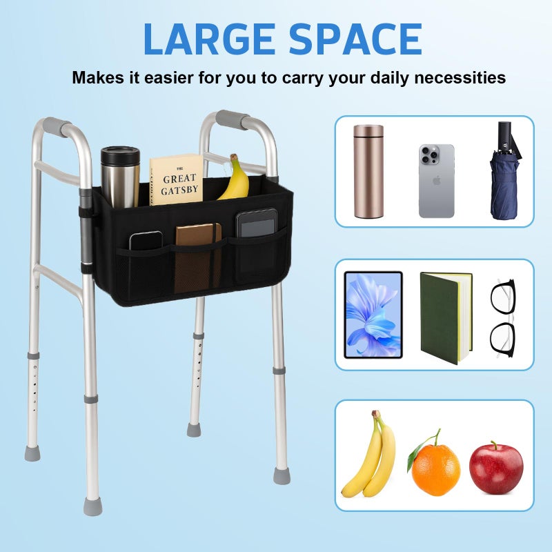NAYJS Walker Basket - Foldable Walker Bag with Cup Holder - Fits Folding Walkers - Ideal Walker Accessories for Seniors with Limited Mobility to Carry Water Bottles, Books, Essentials & More - Image 2