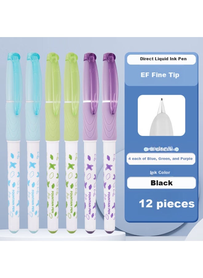 Snowhite Direct-Fill Fountain Pen Hand Grip Sleeve, No Need To Replace Ink Cartridges, Quick-Drying, For Third-Grade Elementary Students, Ef Small Nib, Fp801B Black Ink, 12 Pens - Image 1